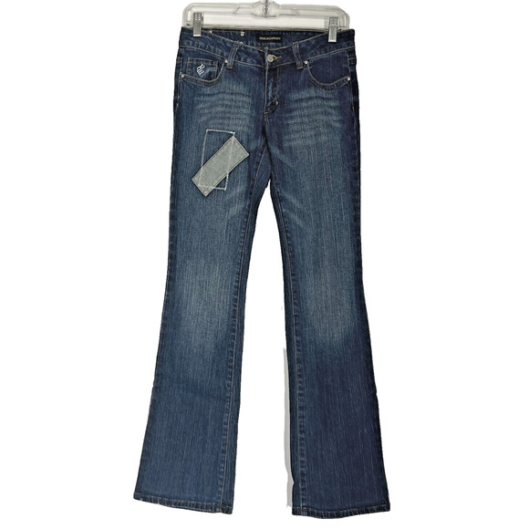Rocawear Bootcut Jeans Womens 3 Blue Patchwork Denim Rhinestones Classic Retro - Picture 1 of 9